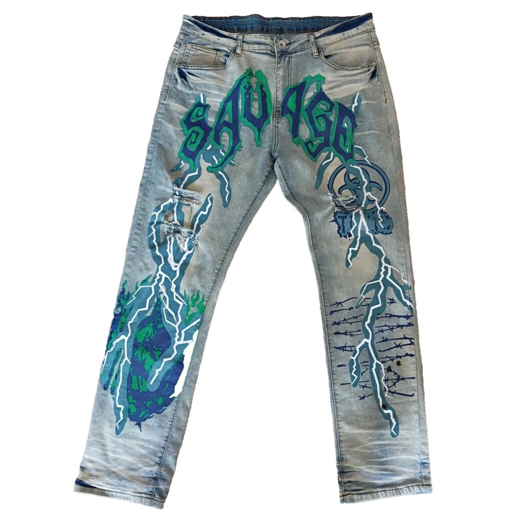 Hip Hop Printed/dyed Savage Lightning print Jeans Size 36X31